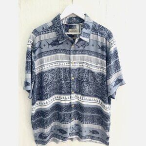 QUIKSILVER WATERMAN Comfort Blue Hawaiian Button up Shirt Fish Tribal Size XL